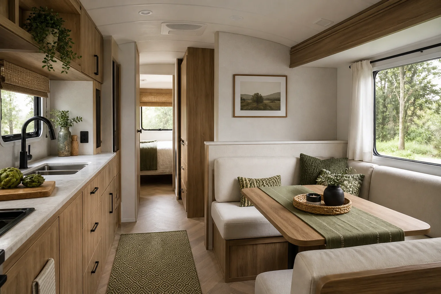 Temporary placeholder representation of an RV living and dining area; not the actual Campcation interior