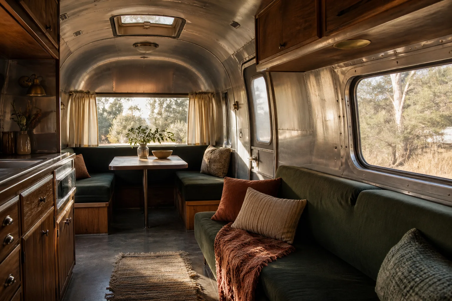 Temporary placeholder representation of an RV lounge and dining area; not the actual Campcation interior